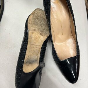 Black Textured Heels patent toe woven leather body